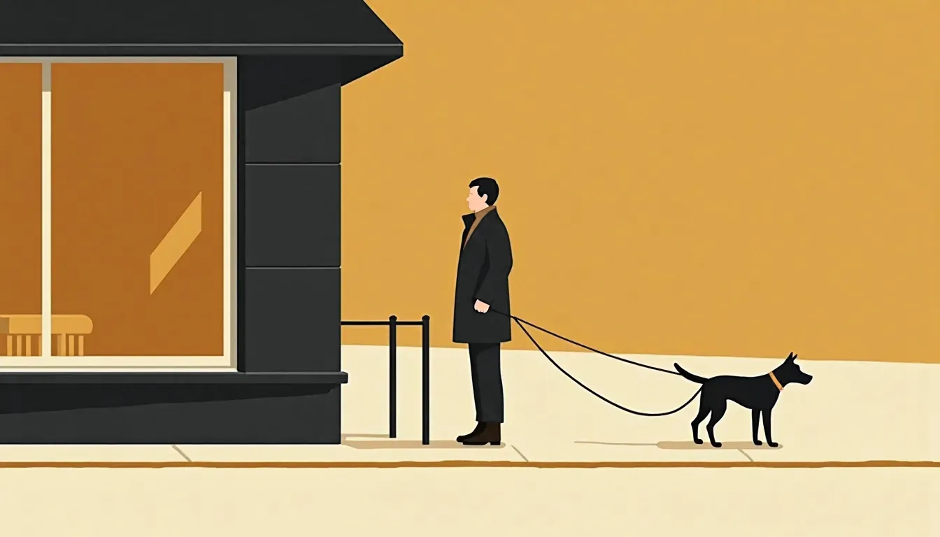 Homme de profil tenant son chien en laisse devant une boutique