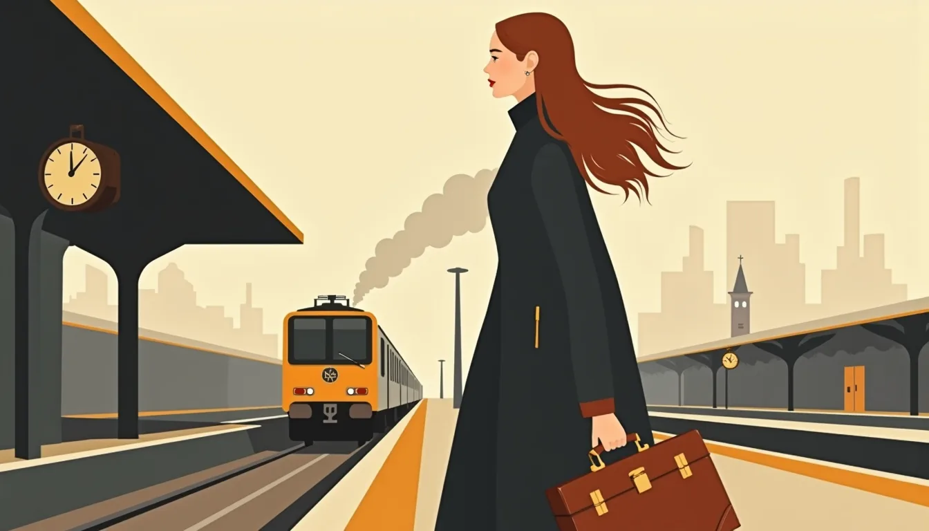 Femme en manteau arrivant sur un quai de gare à Moscou en automne
