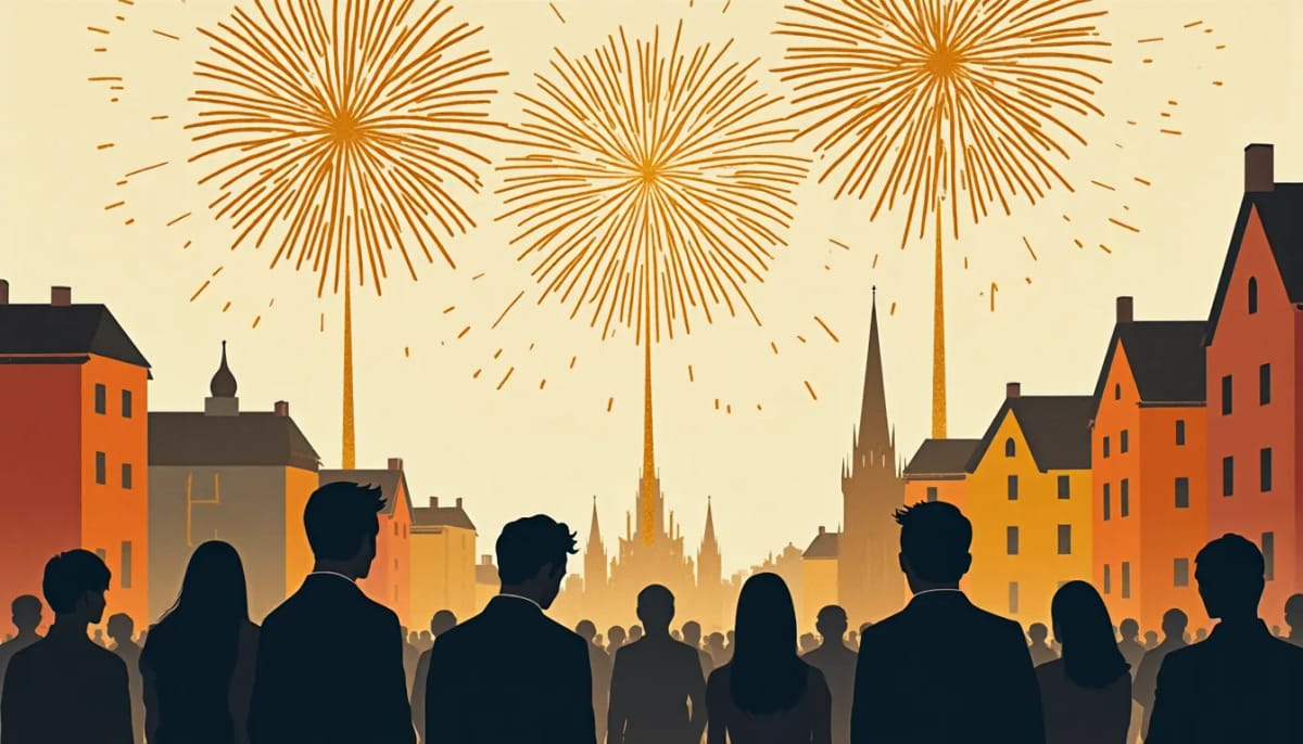 Fireworks over a city square