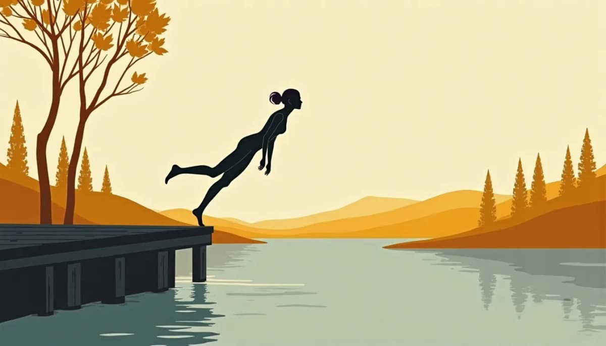 A woman mid-dive from a wooden jetty