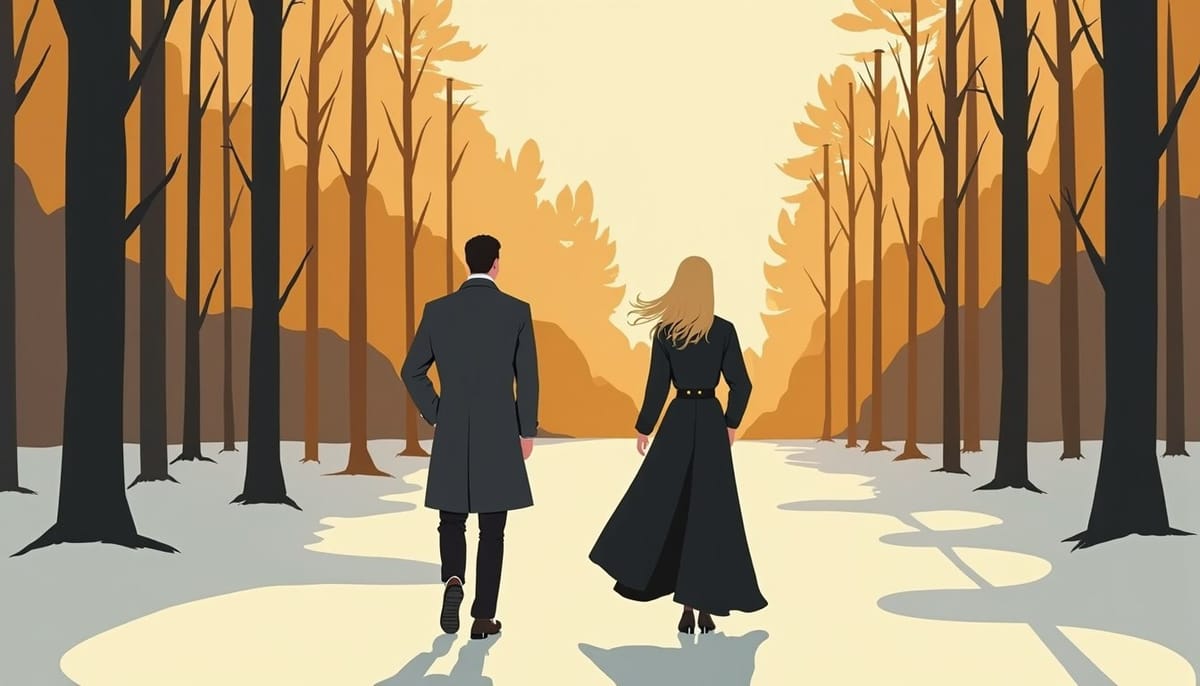 couple formed by choosing a new path abroad, mid-century illustration
