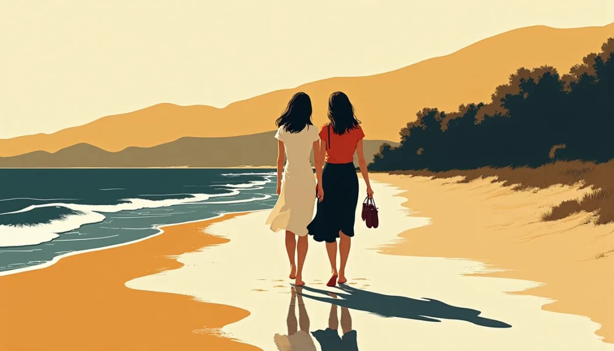 Two women walking ankle-deep in the surf