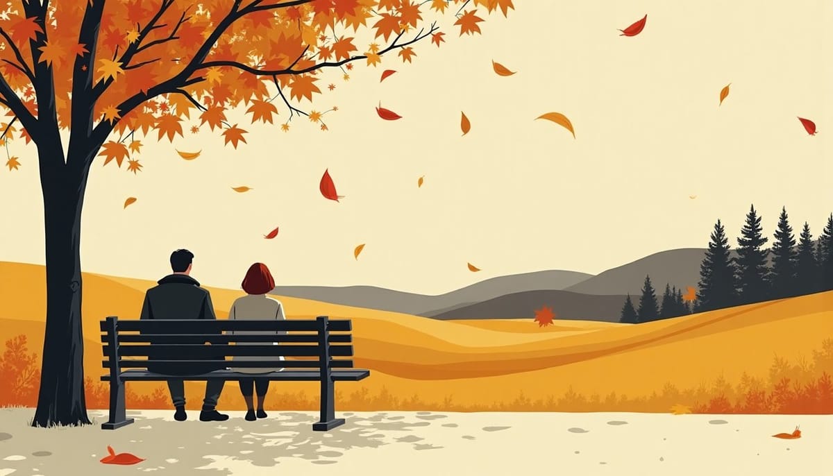 An autumn park bench under falling leaves