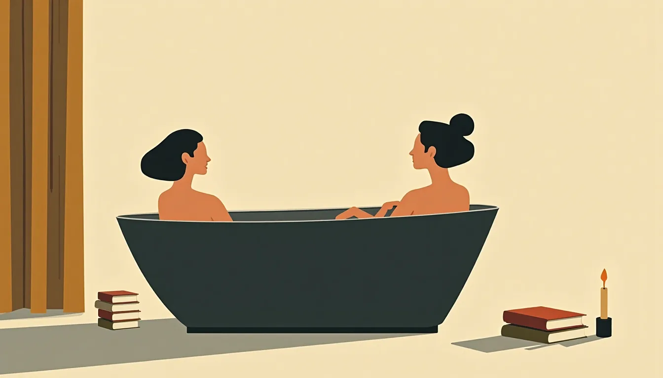 A bathtub with a book on the edge and a candle