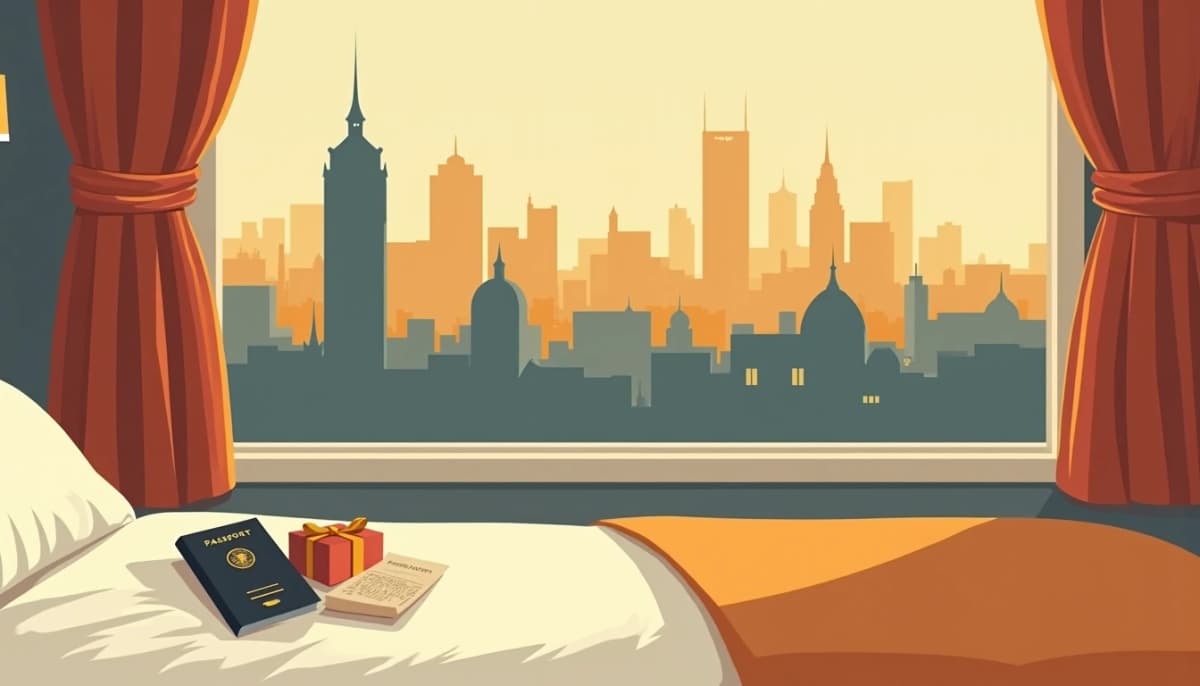 Passport, boarding pass and a small gift box on a hotel bed