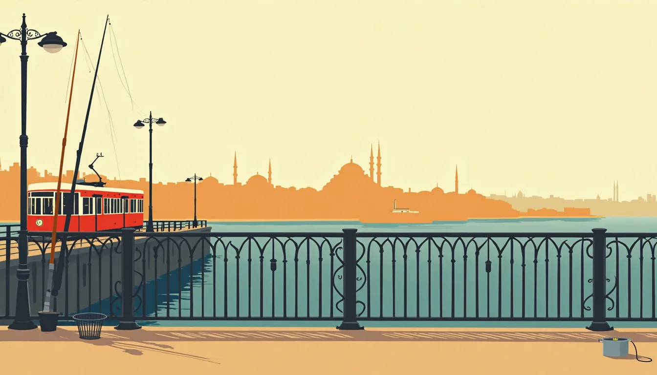 Le pont de Galata à Istanbul au petit matin, des cannes à pêche à la rambarde, un tram rouge et la mosquée Neuve