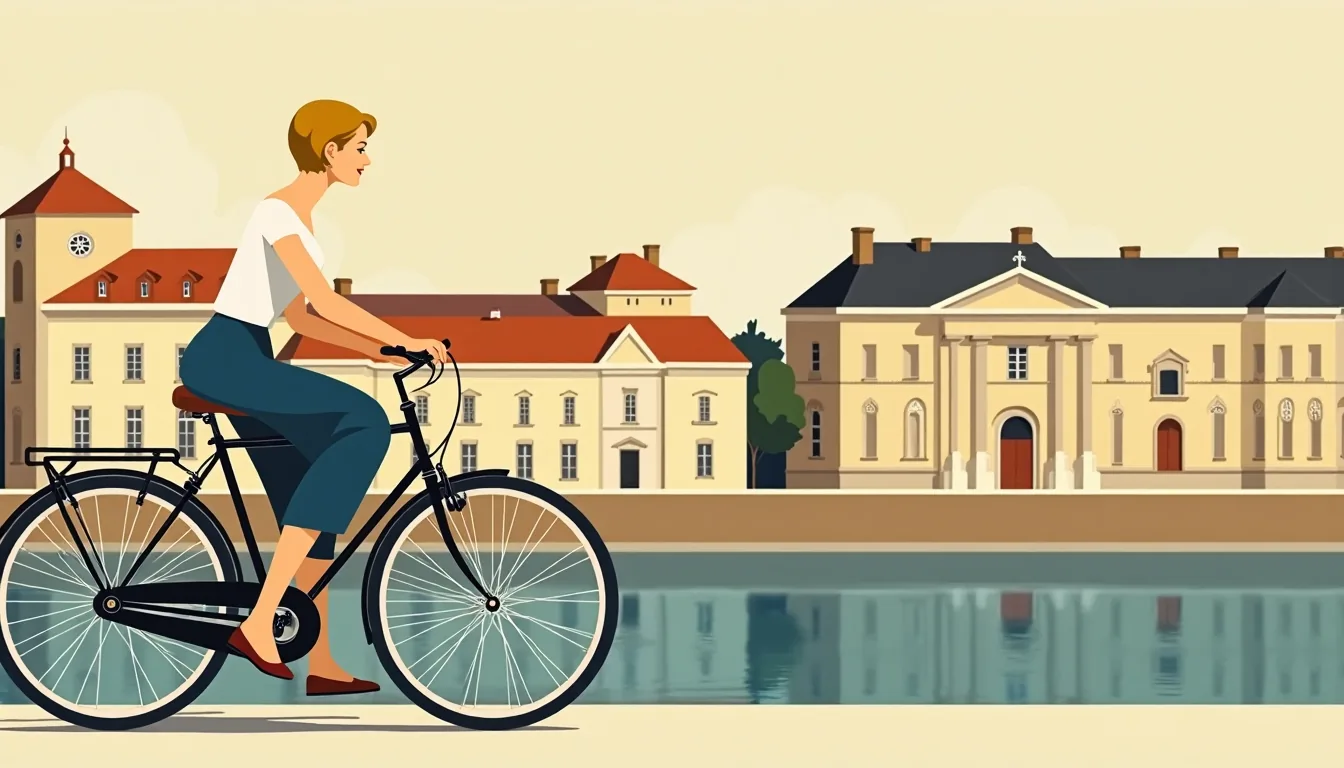 Femme russe aux cheveux blonds courts à vélo le long des quais de la Garonne à Bordeaux