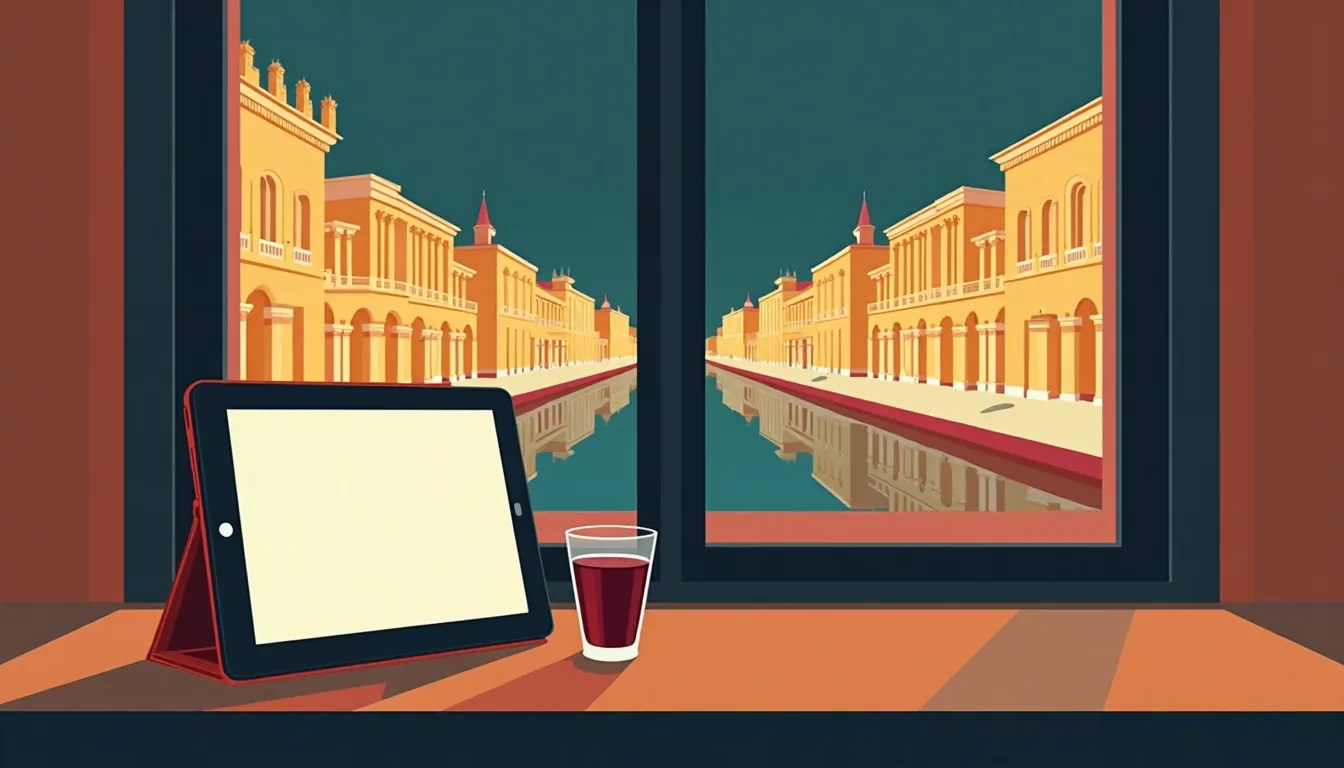 Tablette posée près d’un verre de vin rouge devant une fenêtre ouverte sur la place de la Bourse de Bordeaux et son miroir d’eau
