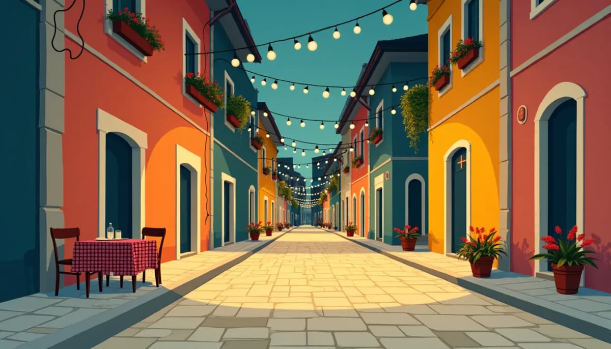 Ruelle pavée de Skadarlija à Belgrade le soir, une table pour deux sous les guirlandes lumineuses