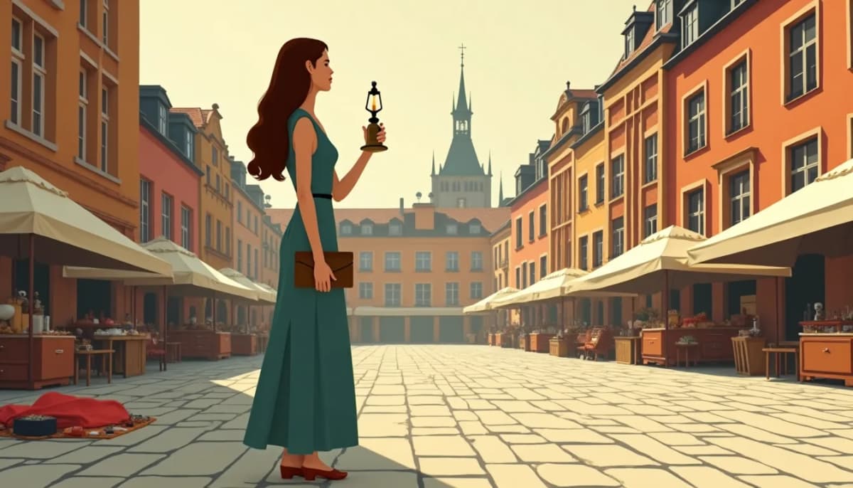 Femme russe aux longs cheveux châtains au marché aux puces de la place du Jeu-de-Balle, au petit matin, une lanterne ancienne à la main