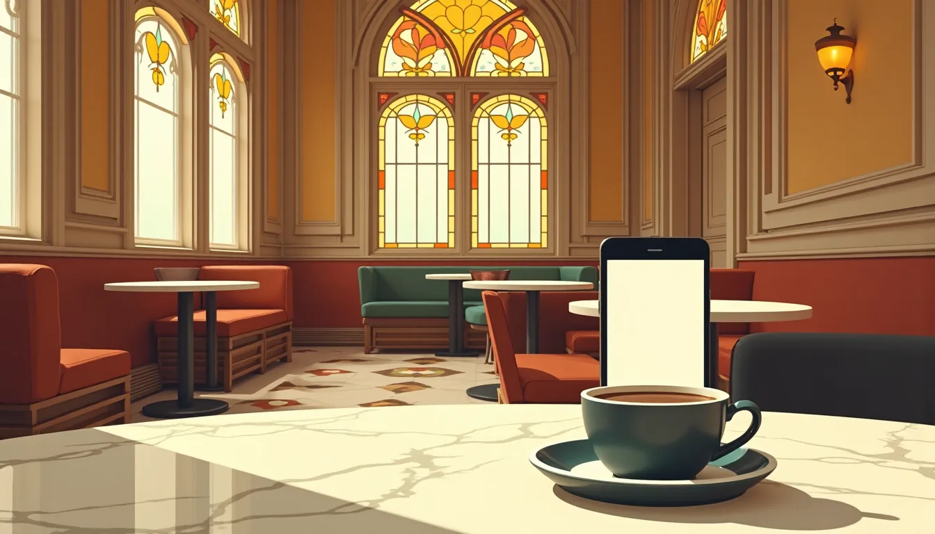 Téléphone dressé derrière une tasse de chocolat chaud dans un café Art nouveau aux vitraux colorés