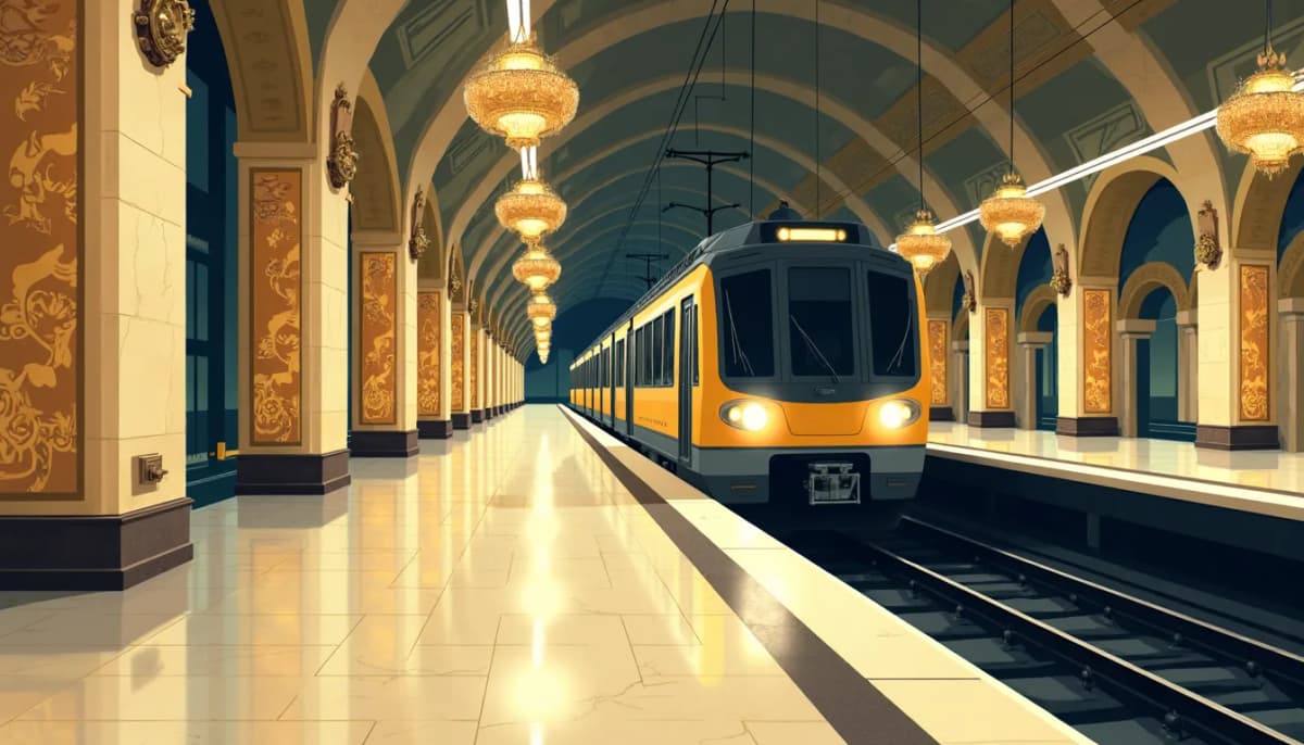 Quai du métro de Moscou aux lustres et aux mosaïques dorées, une rame qui entre en station