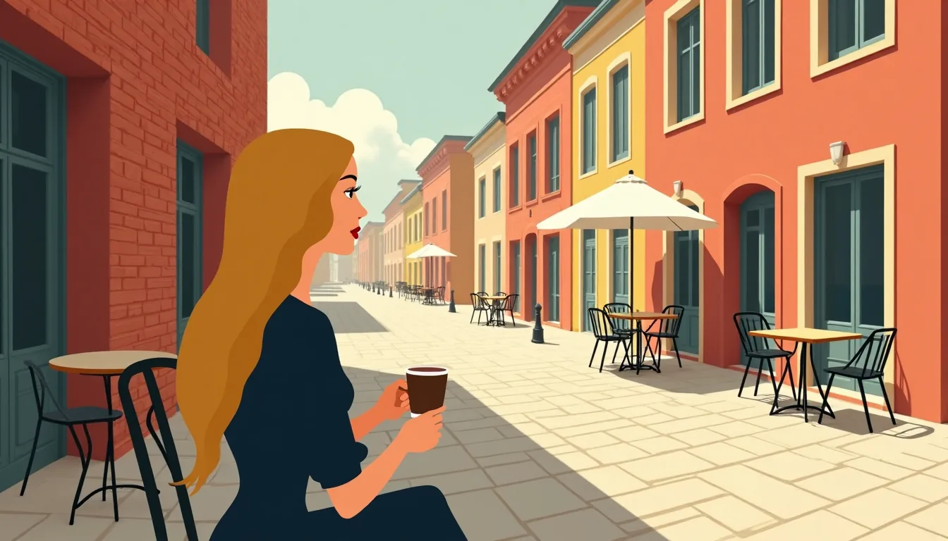 Femme russe aux longs cheveux blonds à une terrasse du Vieux-Lille, une tasse de chocolat chaud à la main