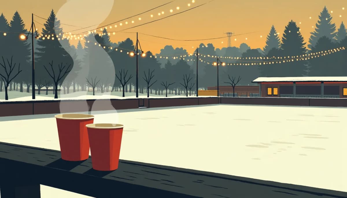 La patinoire du parc Gorki à Moscou un soir d’hiver, deux gobelets fumants posés sur la rambarde