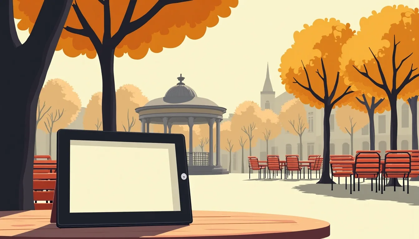 Tablette posée sur une table de terrasse de la place d’Armes de Luxembourg, le kiosque à musique au fond
