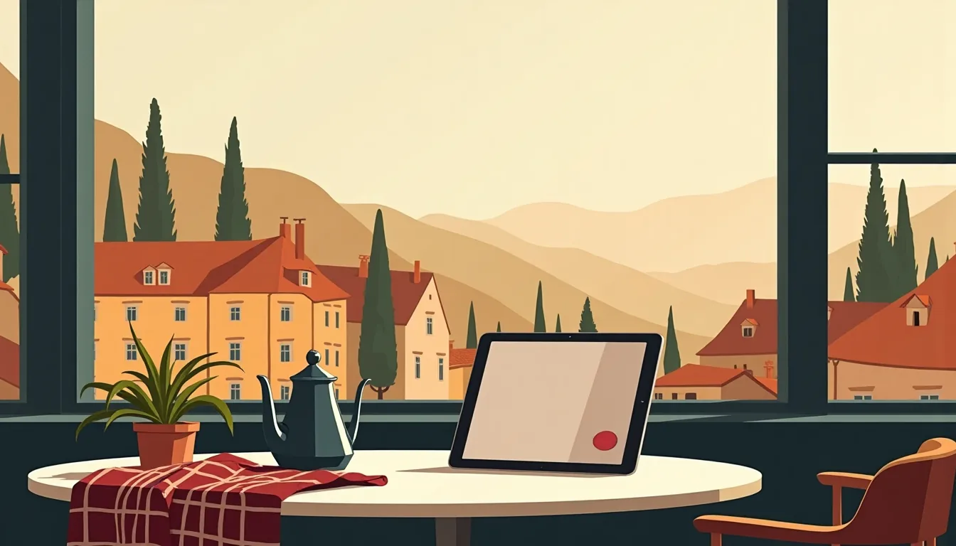 Tablette sur la table d’un café des pentes de la Croix-Rousse, une théière et un plaid, un appel vidéo à l’écran