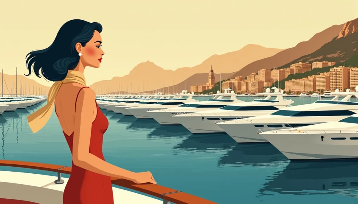 Femme russe sur le pont d’un yacht à Port Hercule, le Rocher de Monaco derrière elle — agence matrimoniale Monaco
