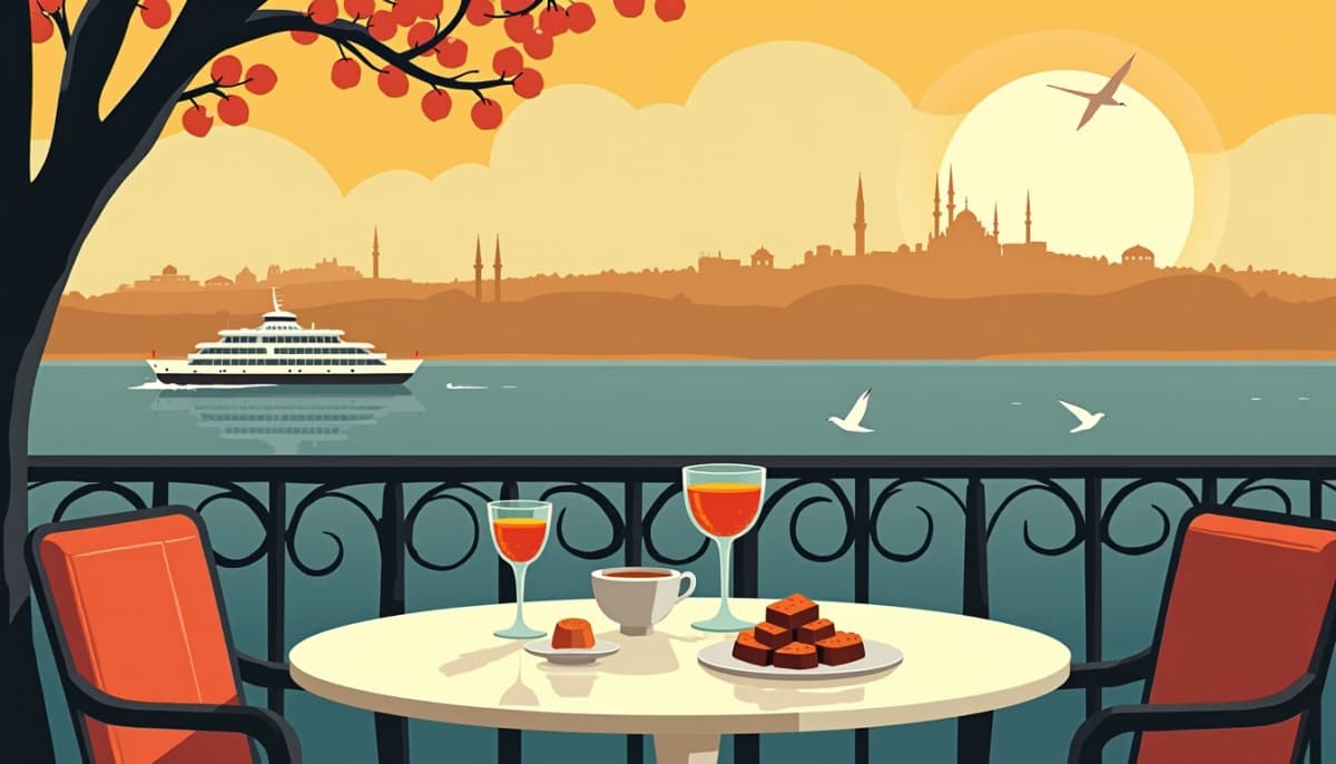 Terrasse sur le Bosphore à Istanbul, deux verres de thé turc, un ferry et les minarets au loin