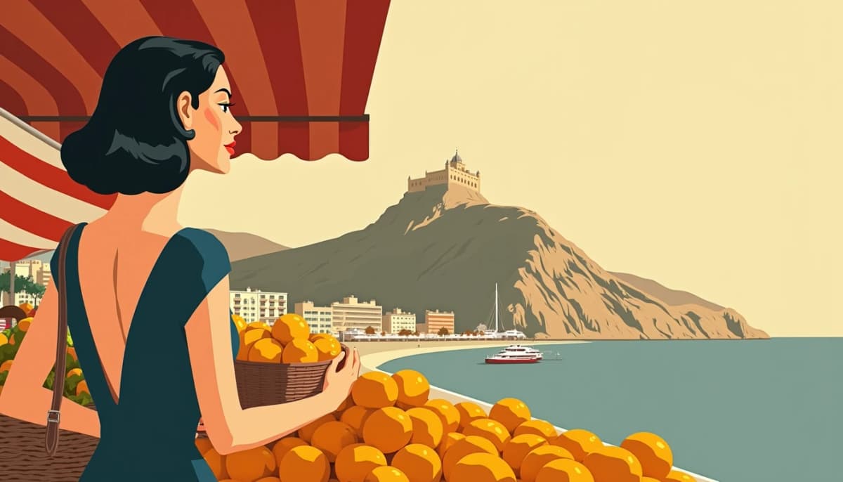 Femme russe choisissant des fruits au marché de la Condamine, le Rocher de Monaco derrière elle