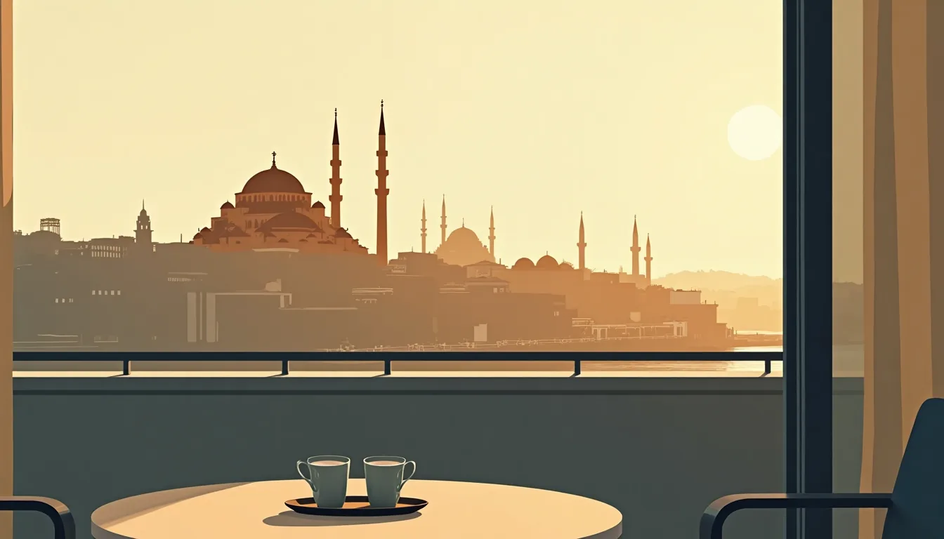 Balcon d’une chambre d’hôtel face à la mosquée Bleue d’Istanbul au matin, deux tasses de thé sur un plateau