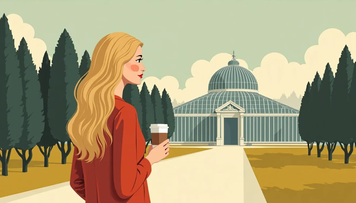 Femme russe aux longs cheveux blonds au Jardin des plantes de Nantes, un café à la main, devant la grande serre