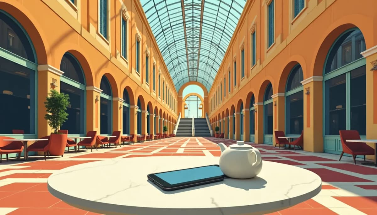 Téléphone posé près d’une théière sur une table de salon de thé du passage Pommeraye, à Nantes