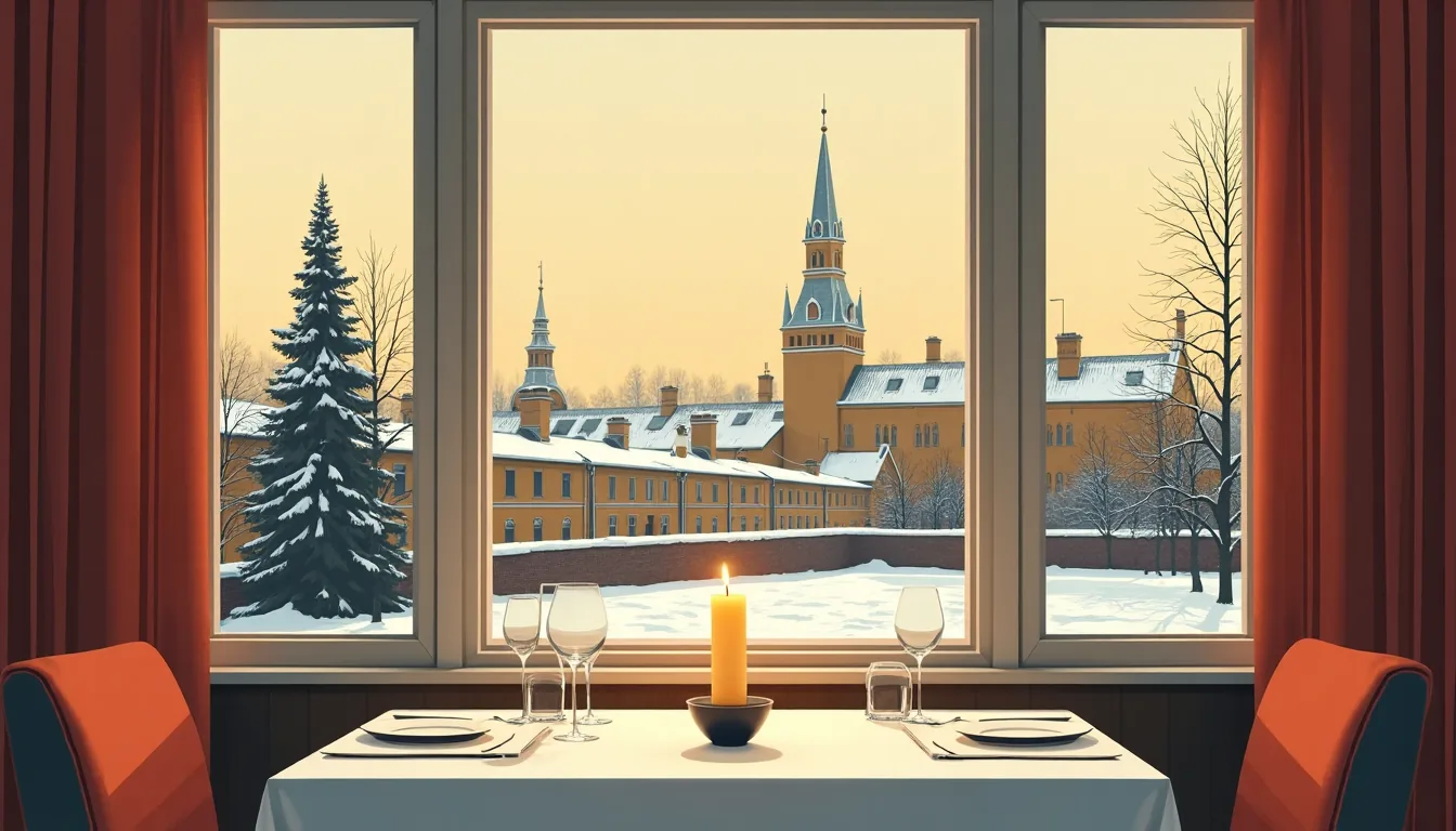Table pour deux dressée dans un restaurant de Moscou, nappe blanche et bougie, les toits enneigés par la fenêtre