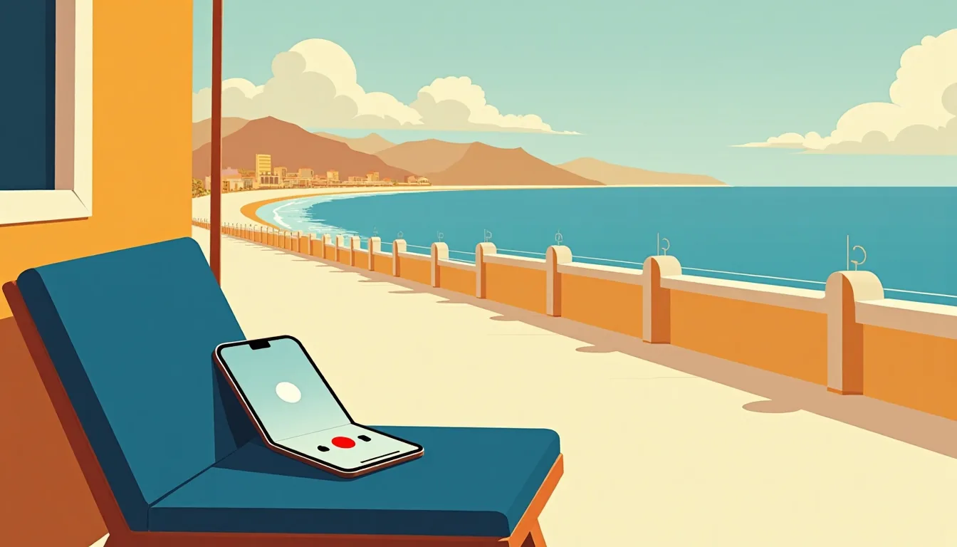 Téléphone posé sur une chaise bleue de la promenade des Anglais face à la baie des Anges, un appel vidéo à l’écran