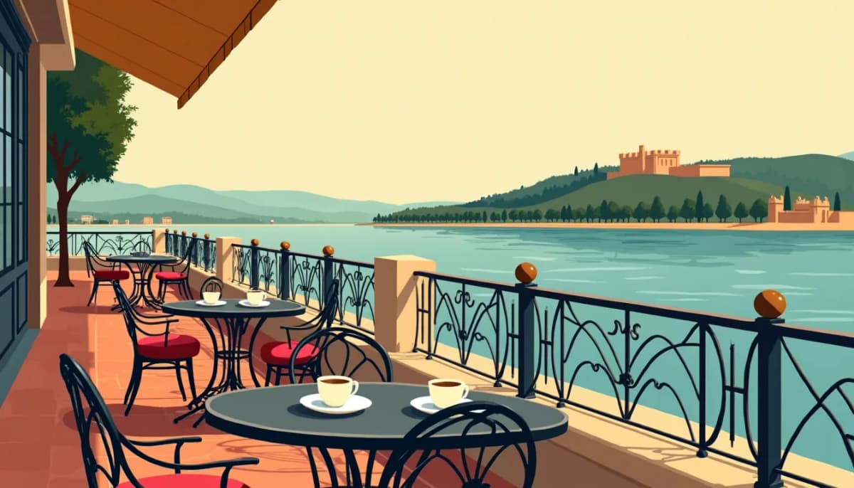 Terrasse au confluent de la Save et du Danube à Belgrade, deux tasses de café, la forteresse de Kalemegdan au loin