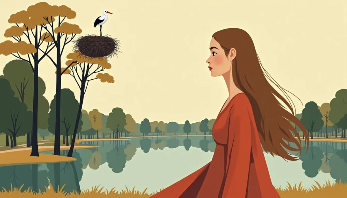 Femme russe aux longs cheveux châtain clair au bord du lac de l’Orangerie à Strasbourg, un nid de cigognes au-dessus d’elle