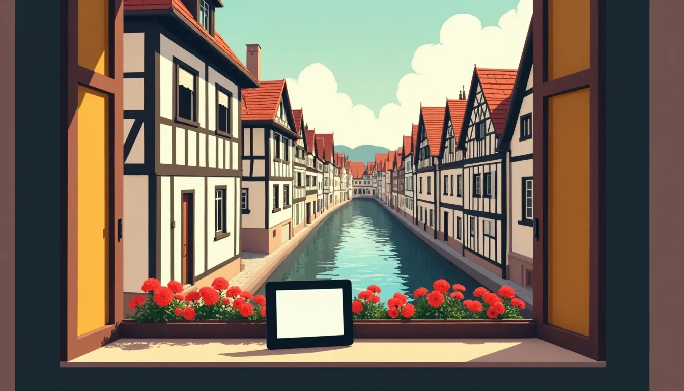 Tablette posée parmi les géraniums rouges sur le rebord d’une fenêtre de la Petite France, face aux maisons à colombages