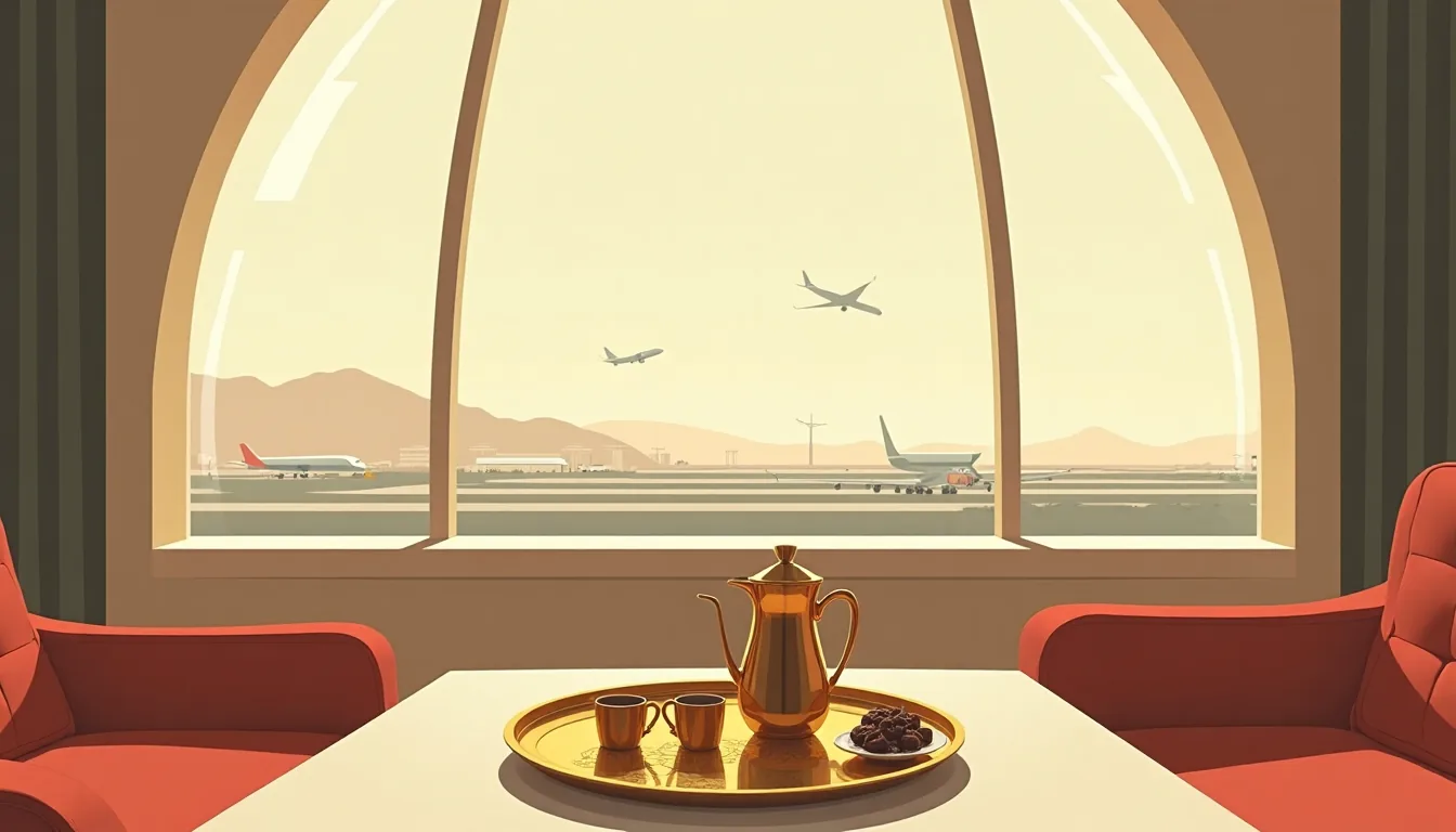 Salon d’aéroport à Dubaï, café arabe et dattes sur un plateau en laiton devant une baie vitrée sur les avions