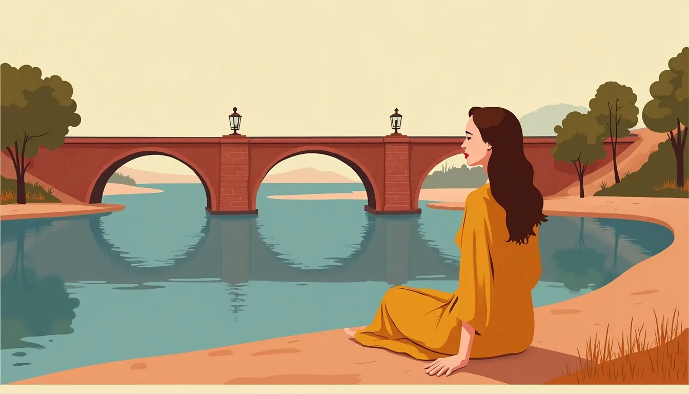 Femme russe aux cheveux châtains ondulés assise sur les berges de la Prairie des Filtres, le Pont-Neuf de Toulouse derrière elle