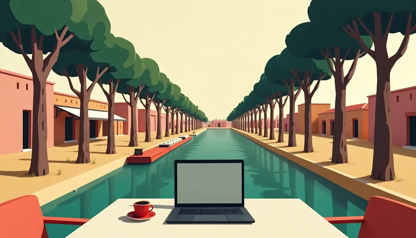 Ordinateur portable ouvert et tasse de café sur une table au bord du canal du Midi, sous les platanes