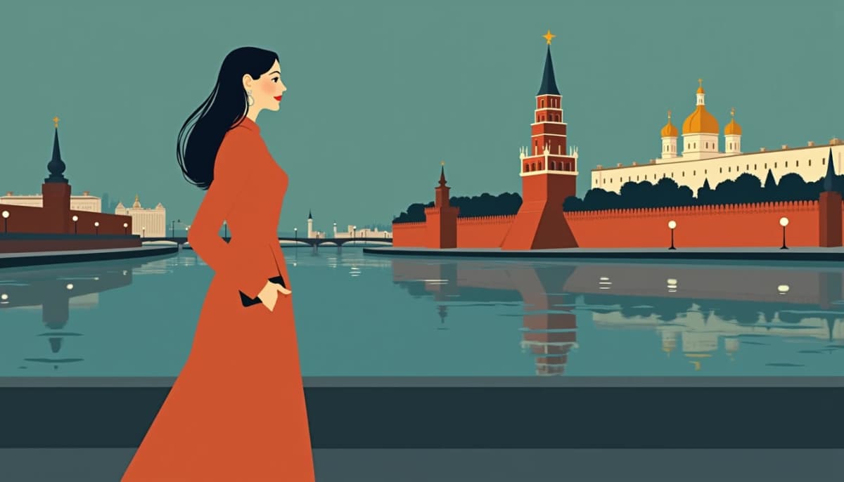 Russian woman walking along a Moscow River embankment at dusk, the Kremlin behind her