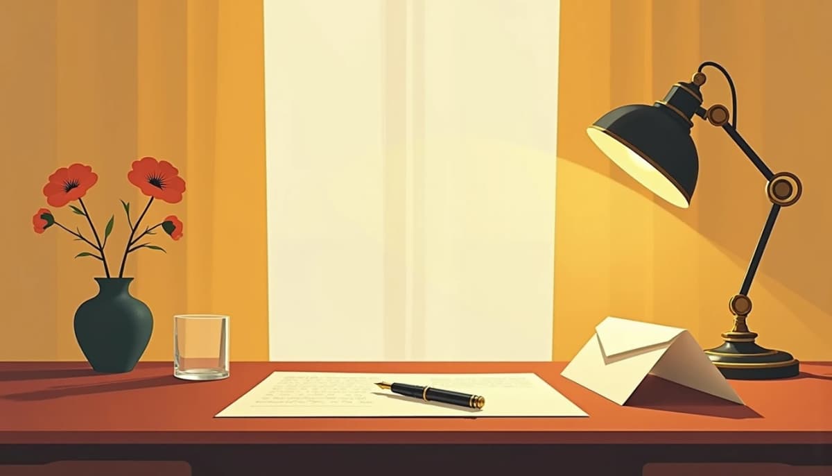 Handwritten letter, an open envelope and a fountain pen on a wooden desk