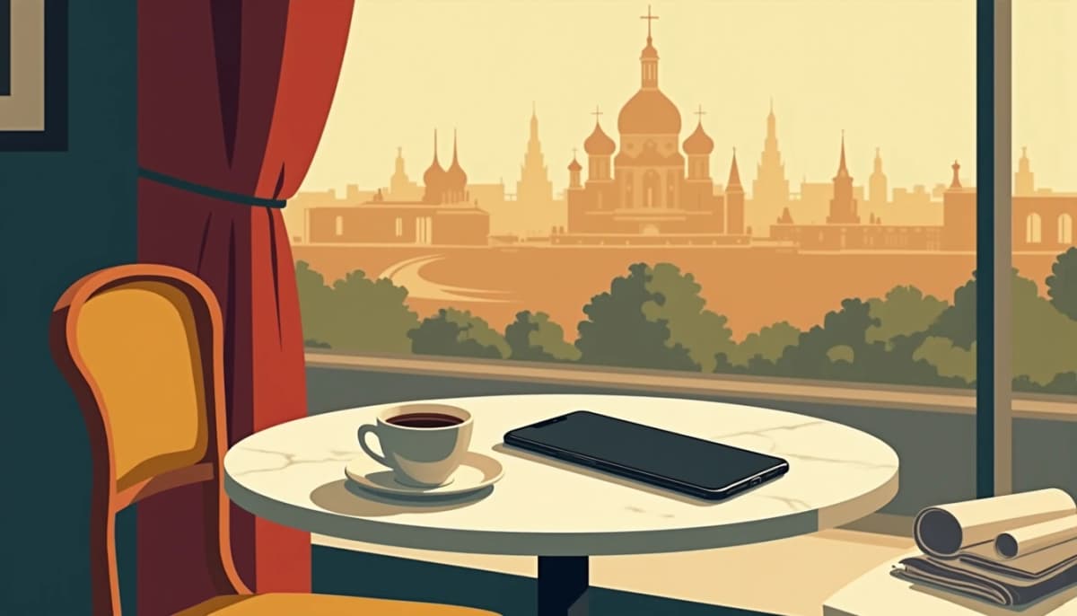 Smartphone lying face down on a bistro table next to a cup of coffee