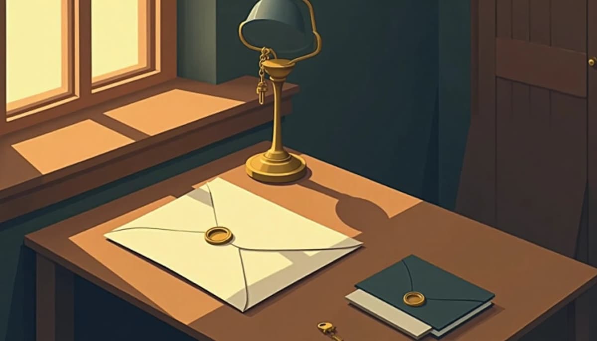 Sealed envelope, brass key and desk lamp on a wooden table