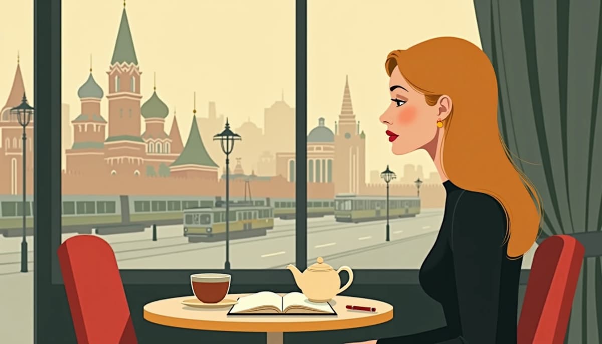 Russian woman at a café table in Moscow, an open notebook and a teapot in front of her
