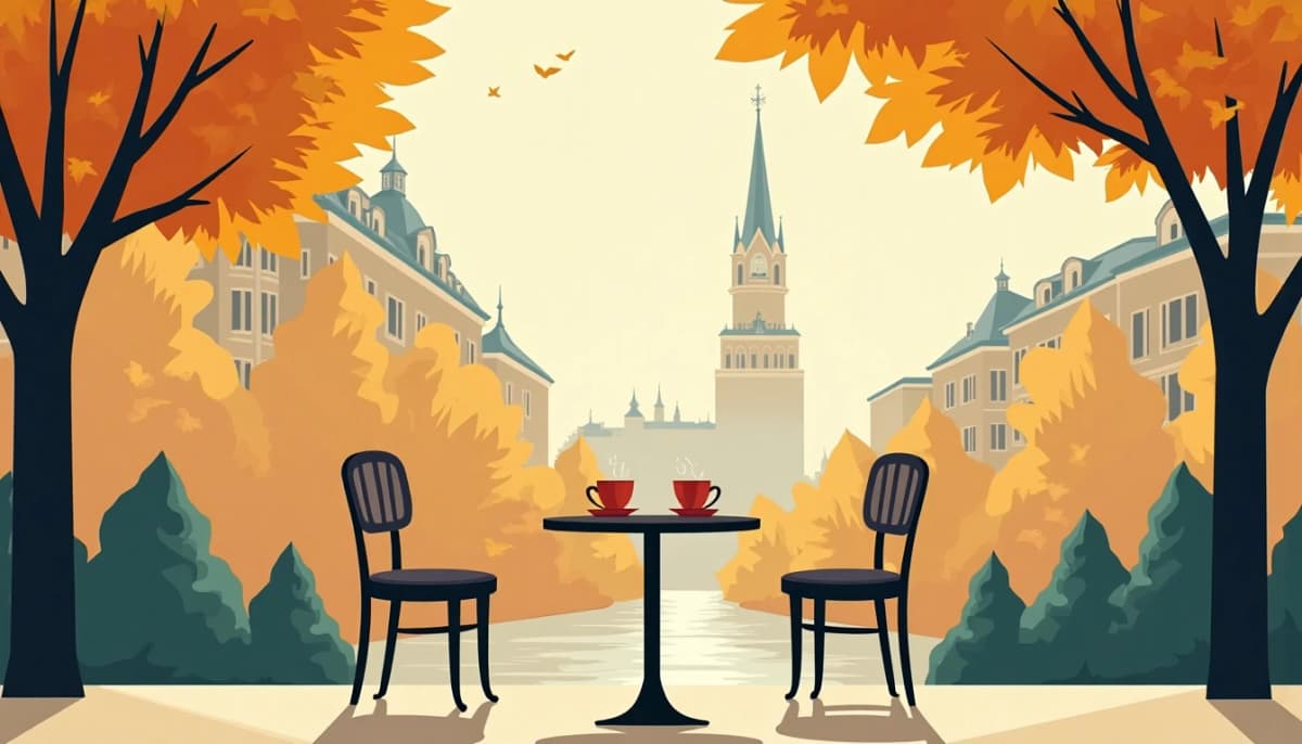Café table set for two on a Moscow boulevard, two cups facing each other