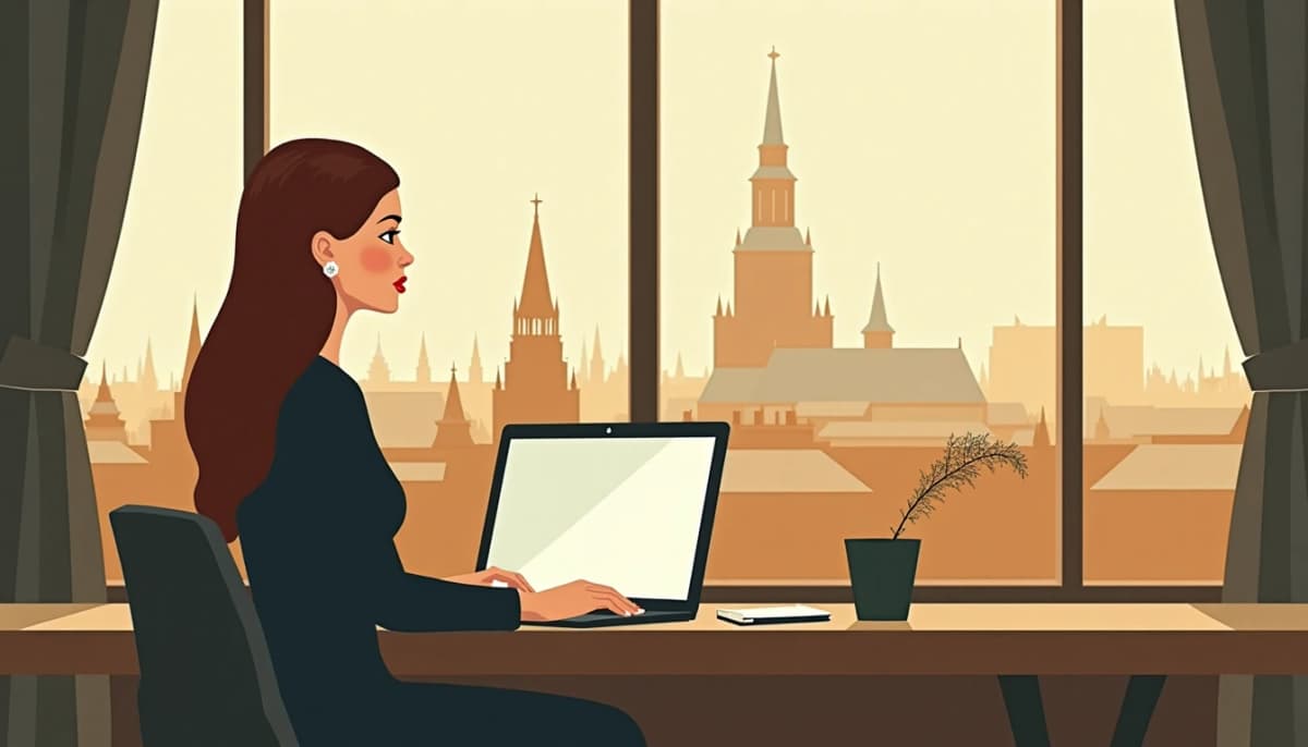 Woman in profile in front of a computer, in a video interview with the agency