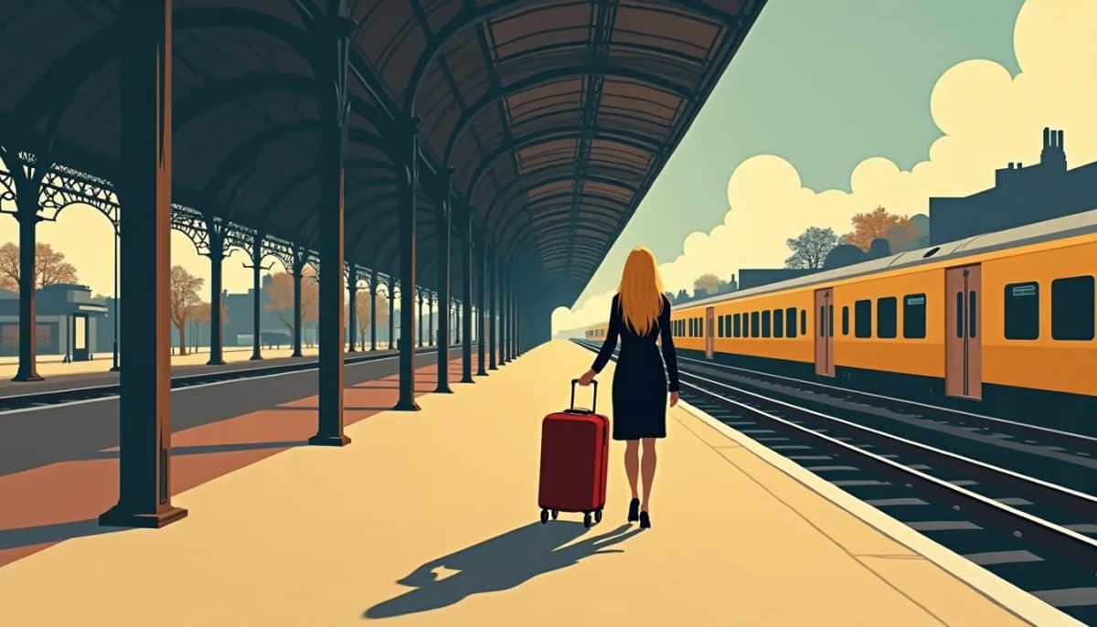 Femme russe aux longs cheveux blonds tirant une valise cabine sur le quai d’une gare française, sous la verrière