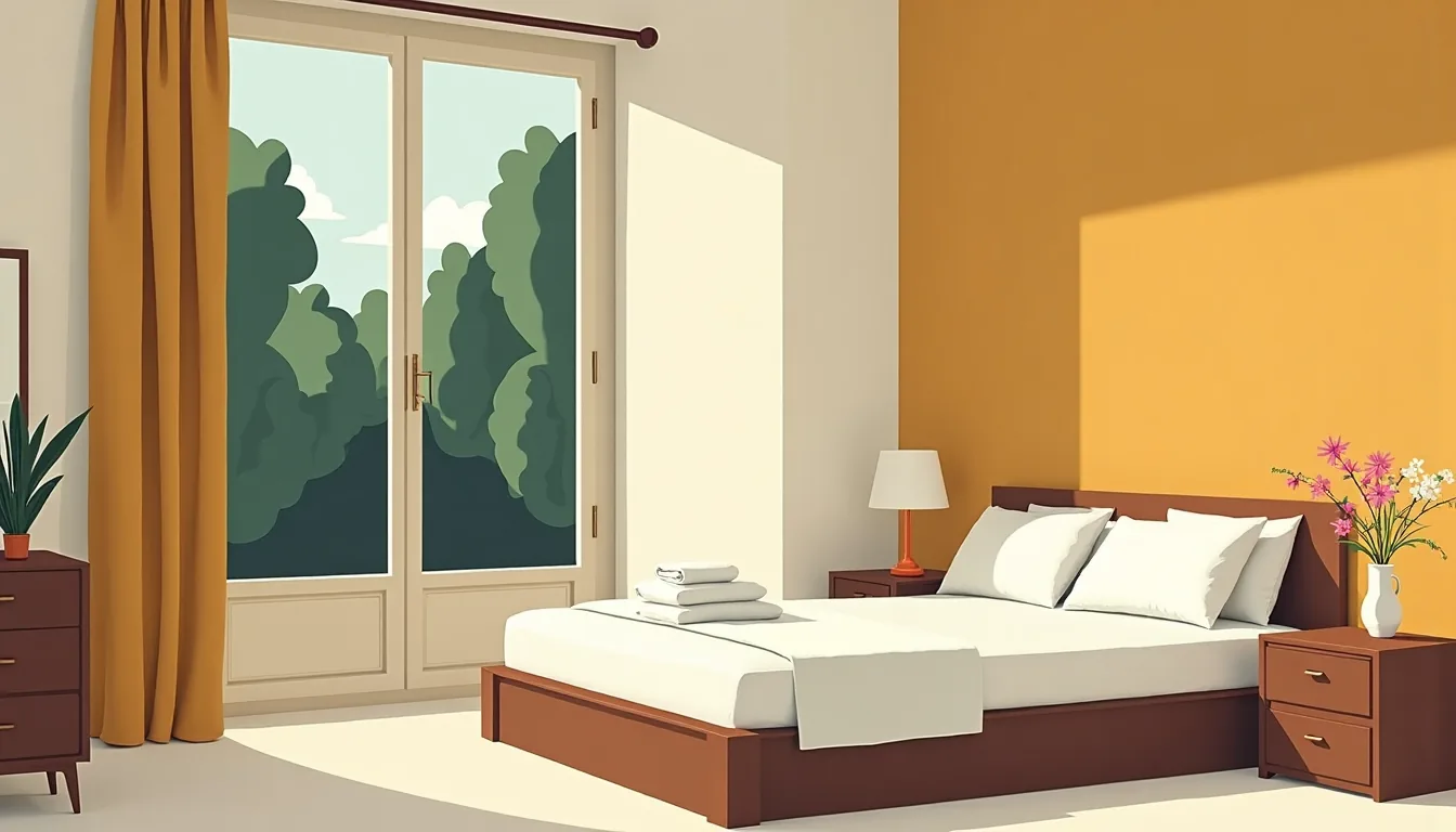 Chambre d’amis préparée dans un appartement français, lit aux draps blancs, serviettes pliées et petit bouquet