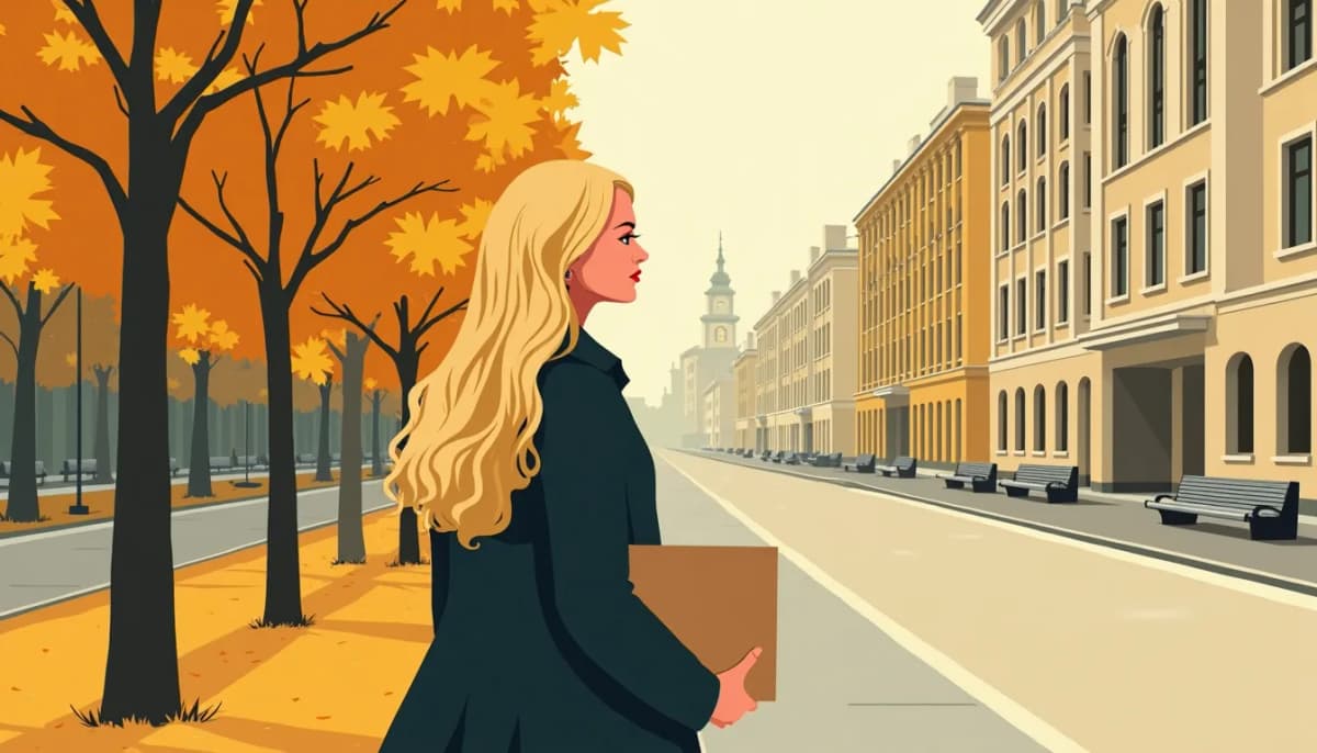 Femme russe aux longs cheveux blonds sur un boulevard de Moscou en automne, un dossier cartonné à la main