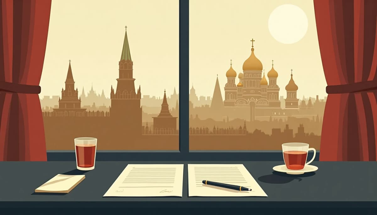 Two-page written agreement on a dark desk, a fountain pen on the signature line, a glass of tea