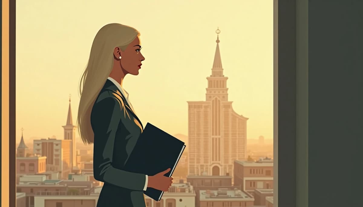 Slavic woman standing at the tall window of a Moscow office, a folder of documents in her arms