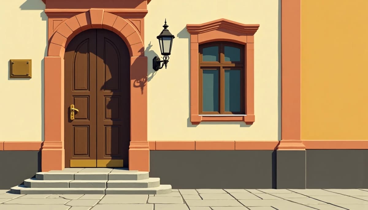 Brass nameplate beside the heavy wooden door of an old Moscow building