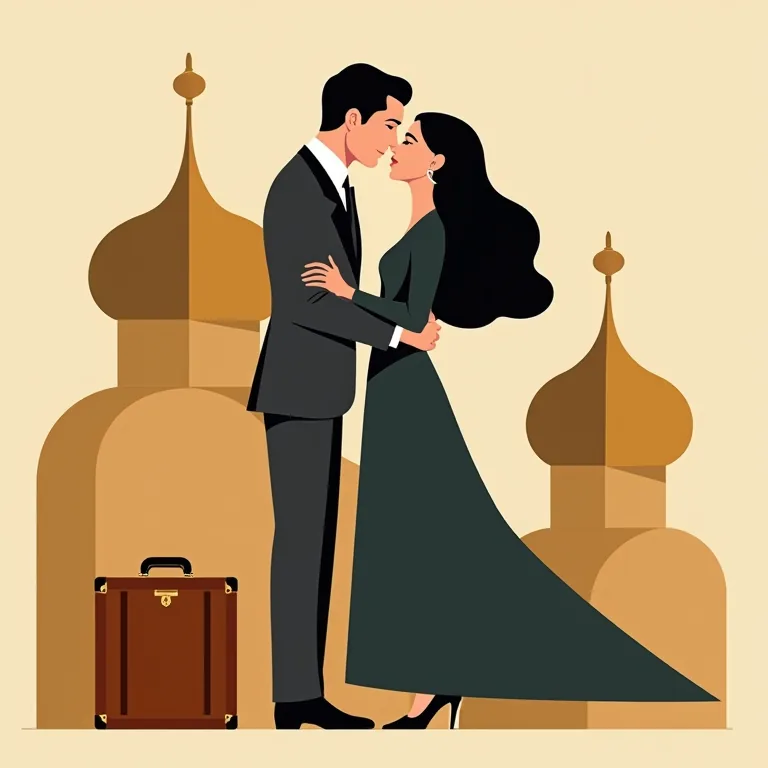 Couple s’embrassant devant les coupoles dorées, valise au pied — la rencontre
