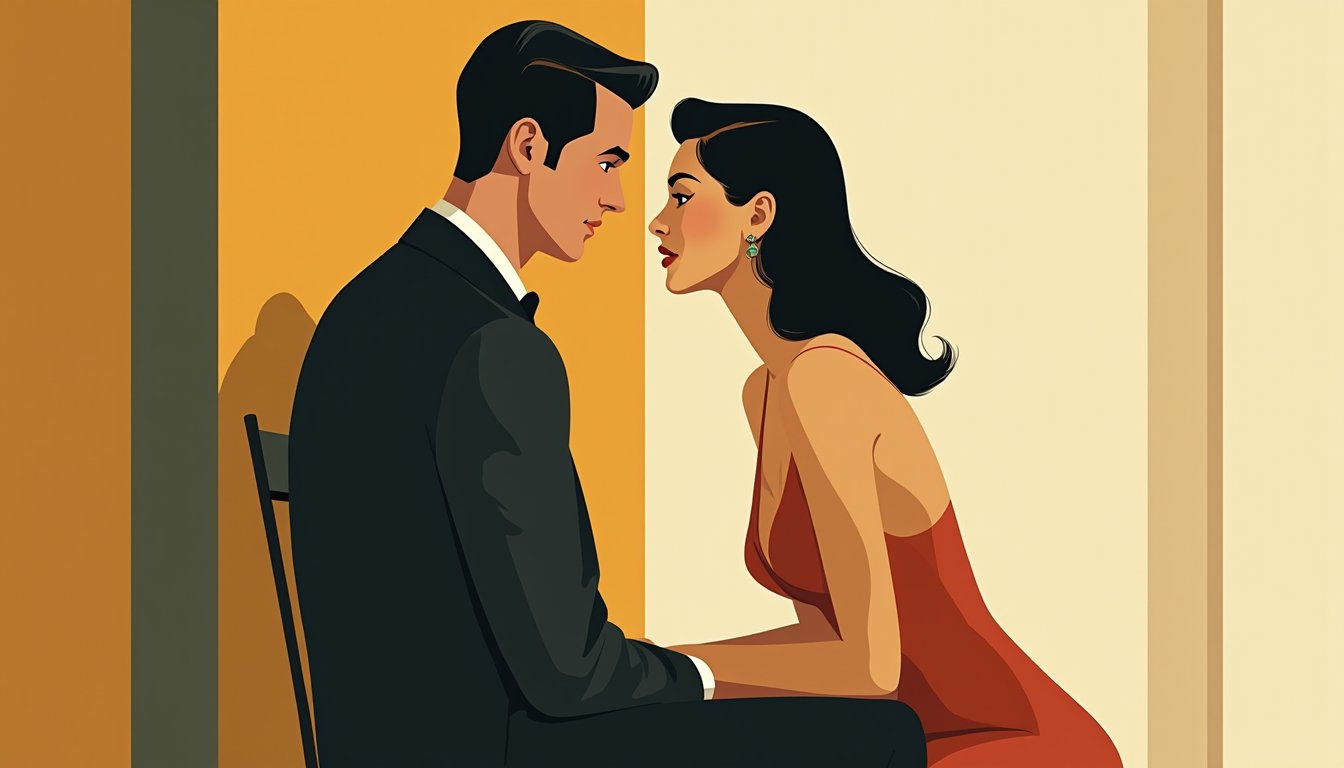 Illustration mid-century de deux personnes qui se regardent en silence