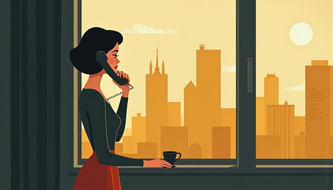 Illustration mid-century d'un couple en visio, thème de la connexion à distance